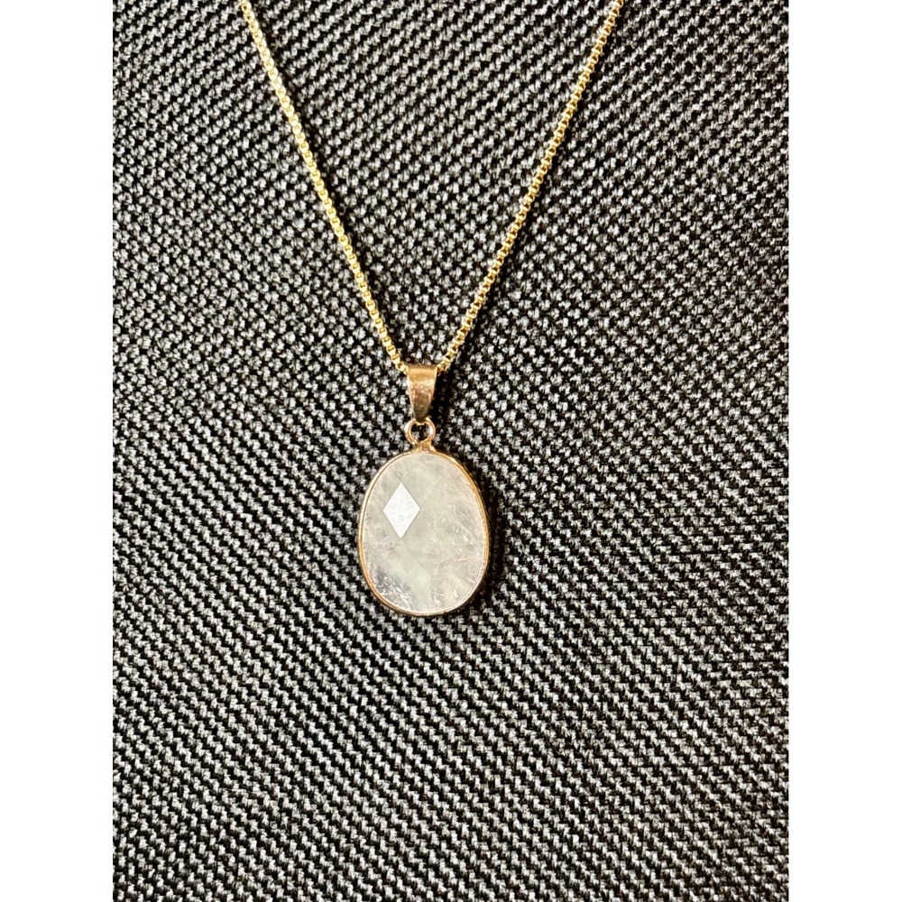 Rose Quartz Oval Faceted Pendant Necklace Gold Tone Stainless Steel Chain